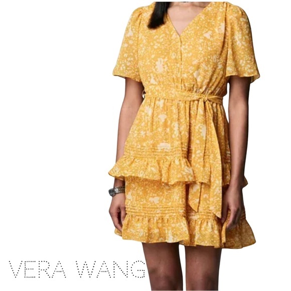 ☀️Simply Vera Wang golden floral dress, wrap top w eye hook closure, sheer lined - Picture 6 of 7